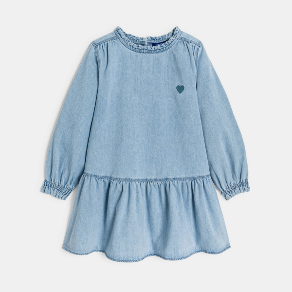 فستان قصير من الجينز الفاتح للفتيات بتطريز قلب، أزرق اللون